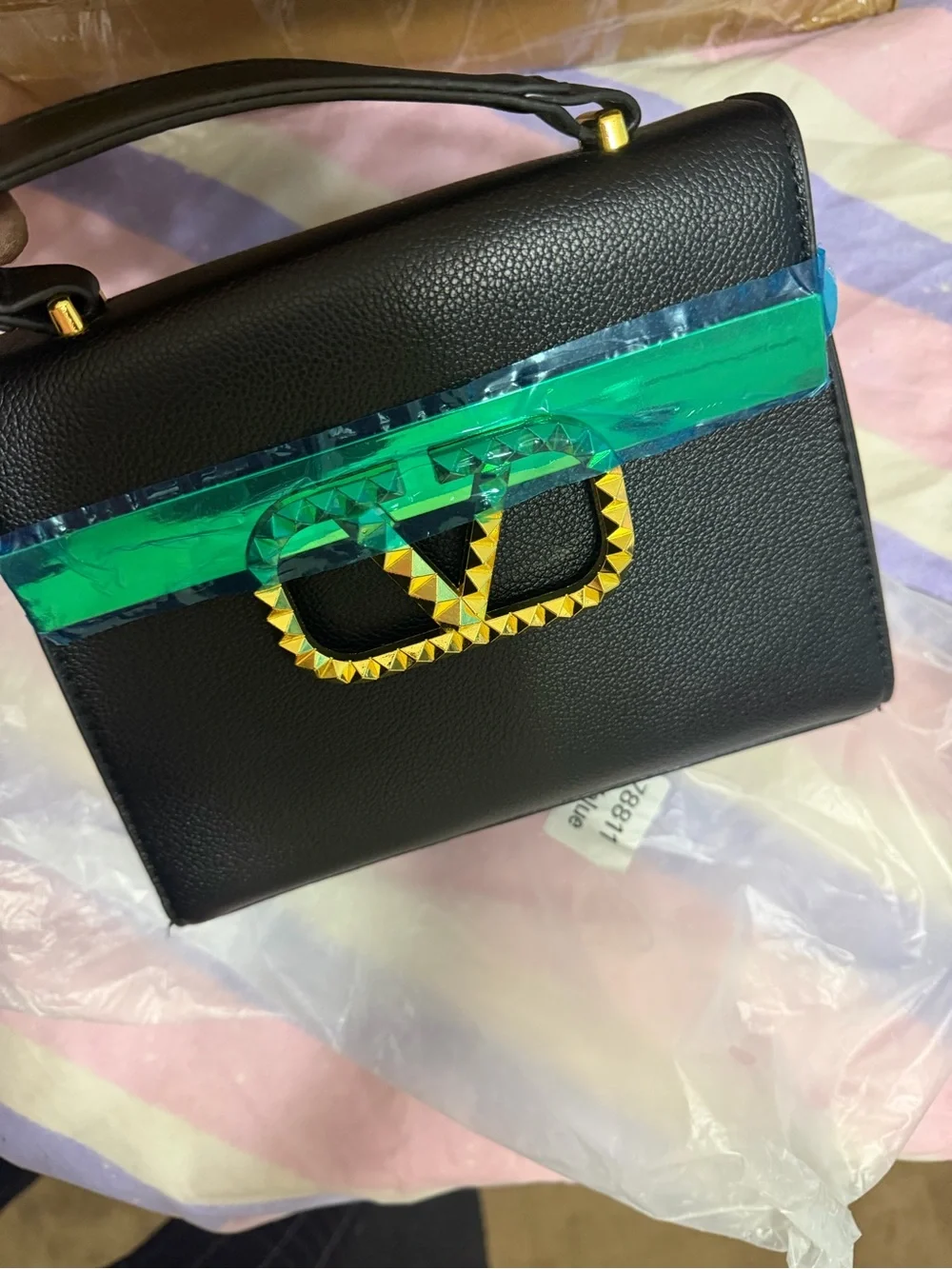 Valentino Garavani Black Leather Top-Handle Satchel with Gold V Stud Logo